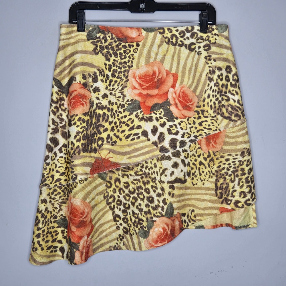 St. John Sport Asymmetrical Leopard Rose Print Knit Skirt Yellow Red Black M Y2K